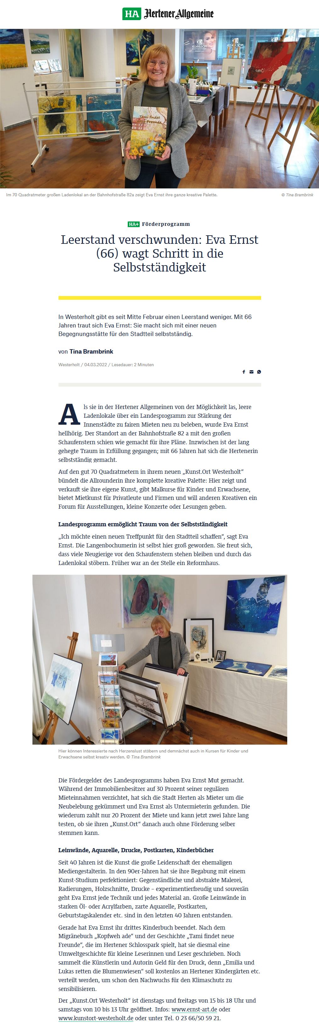Kunstort Westerholt, Galerie, Eva Ernst,Herten, Hertener Zeitung 04032022