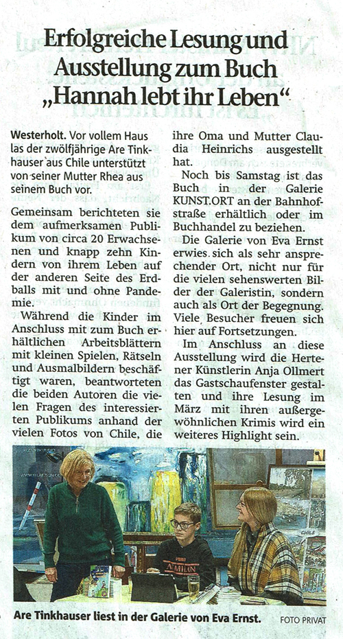 Kunst und Kultur Herten, Hertener Zeitung 4. Februar 2023 , Lesung "Hannah lebt ihr Leben" im KUNST.ORT Westerholt 