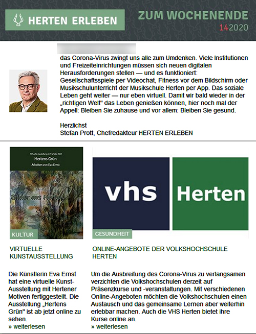 Kunst Eva Ernst virtuelle Ausstellung Hertens Grün; Newsletter Herten erleben