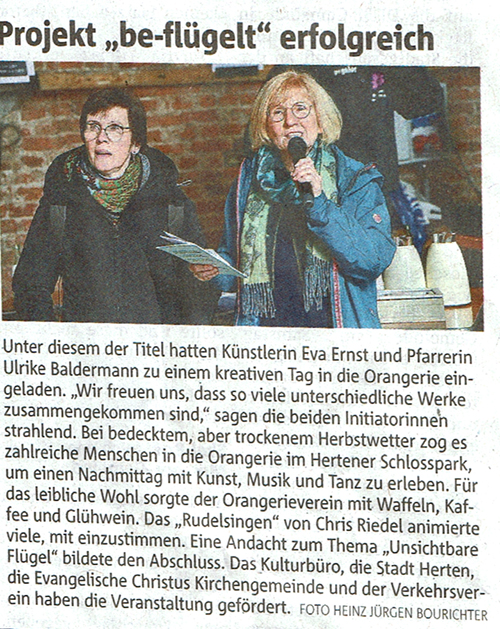 Kunst und Kultur Herten, Hertener Zeitung Artikel zur Veranstaltung beflügelt in der Orangerie im Schlosspark Herten, Ulrike Baldermann, Eva Ernst