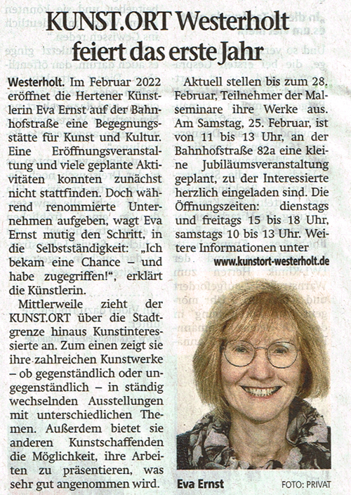 Kunst und Kultur Herten, Jubiläum Kunstort Westerholt, Eva Ernst, Bericht Hertener Zeitung